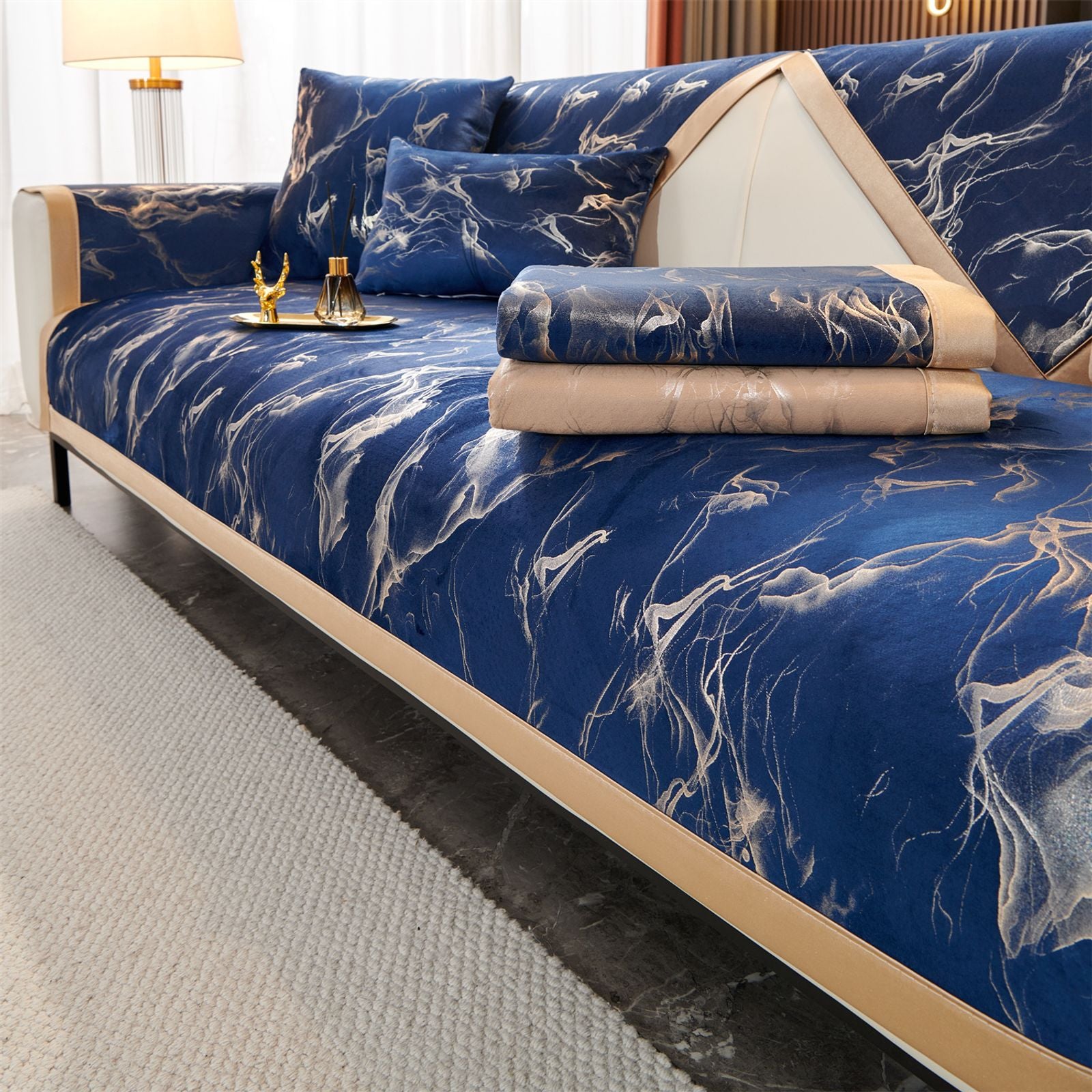 Marble Lines Velvet Sofa Cover for L-Shape Couch