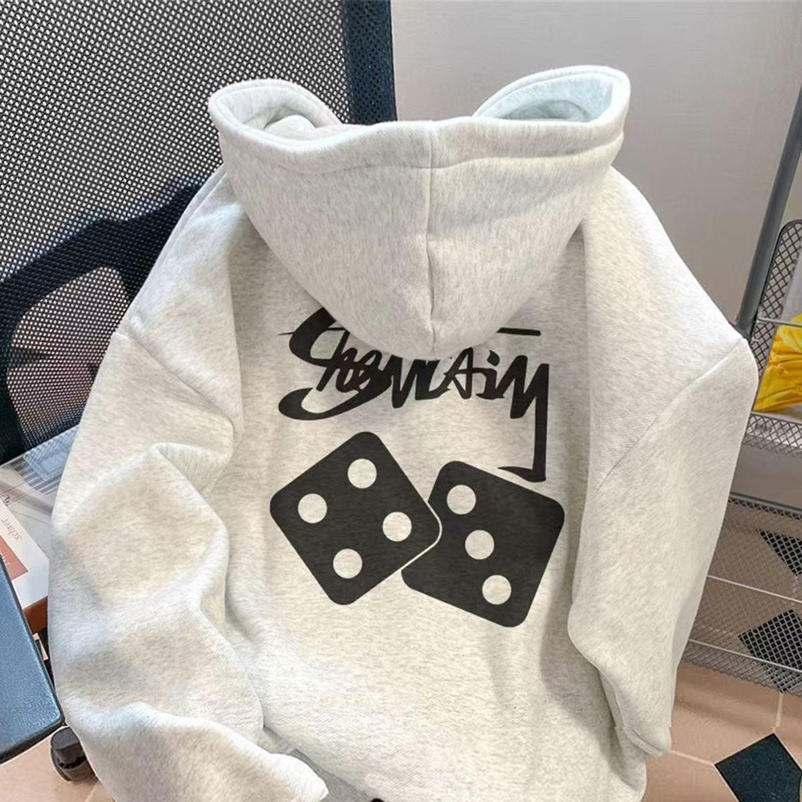 Women's Loose Fit Fleece Lined Hoodie with Geometric Pattern