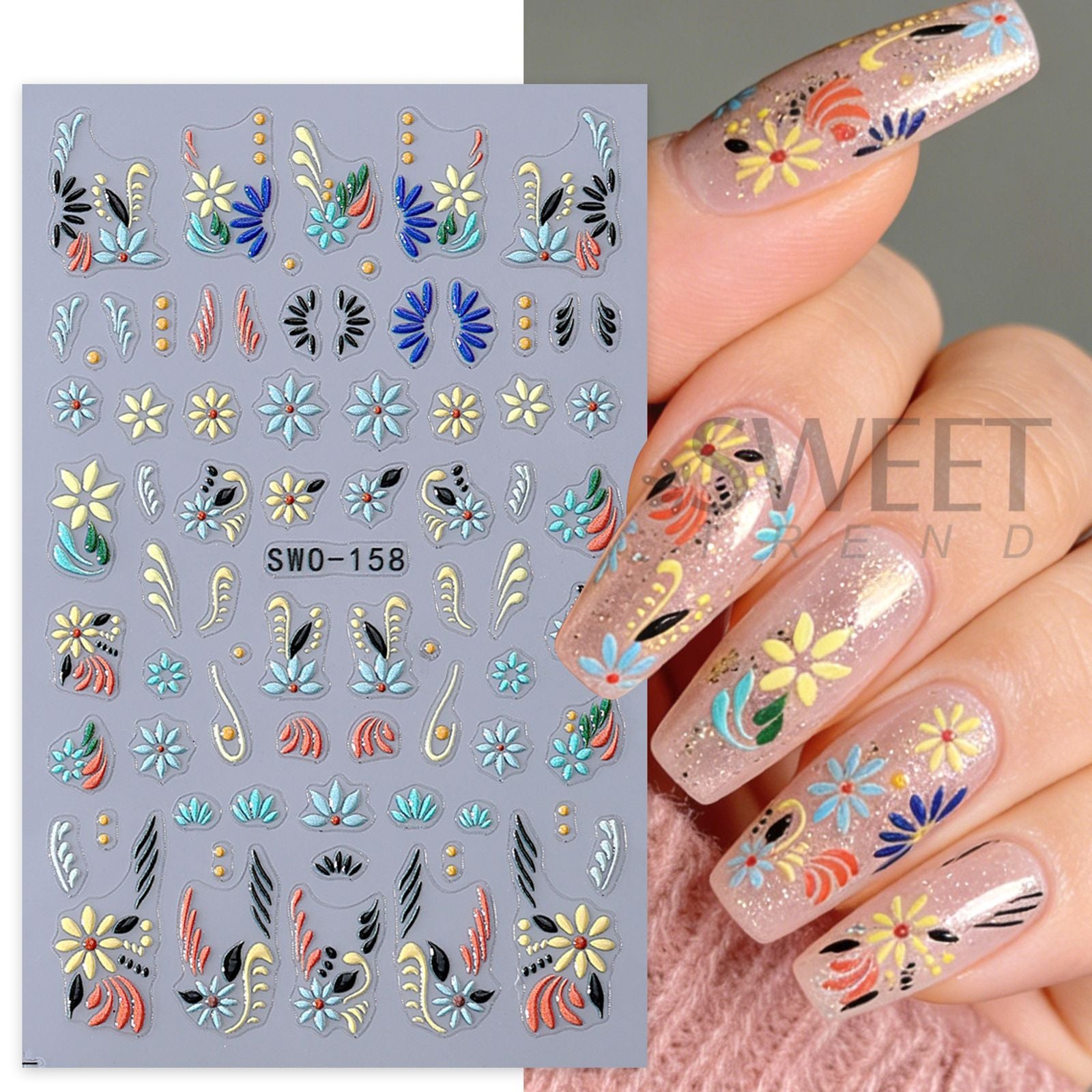 2pcs Colorful Floral Nail Decals for DIY Manicure