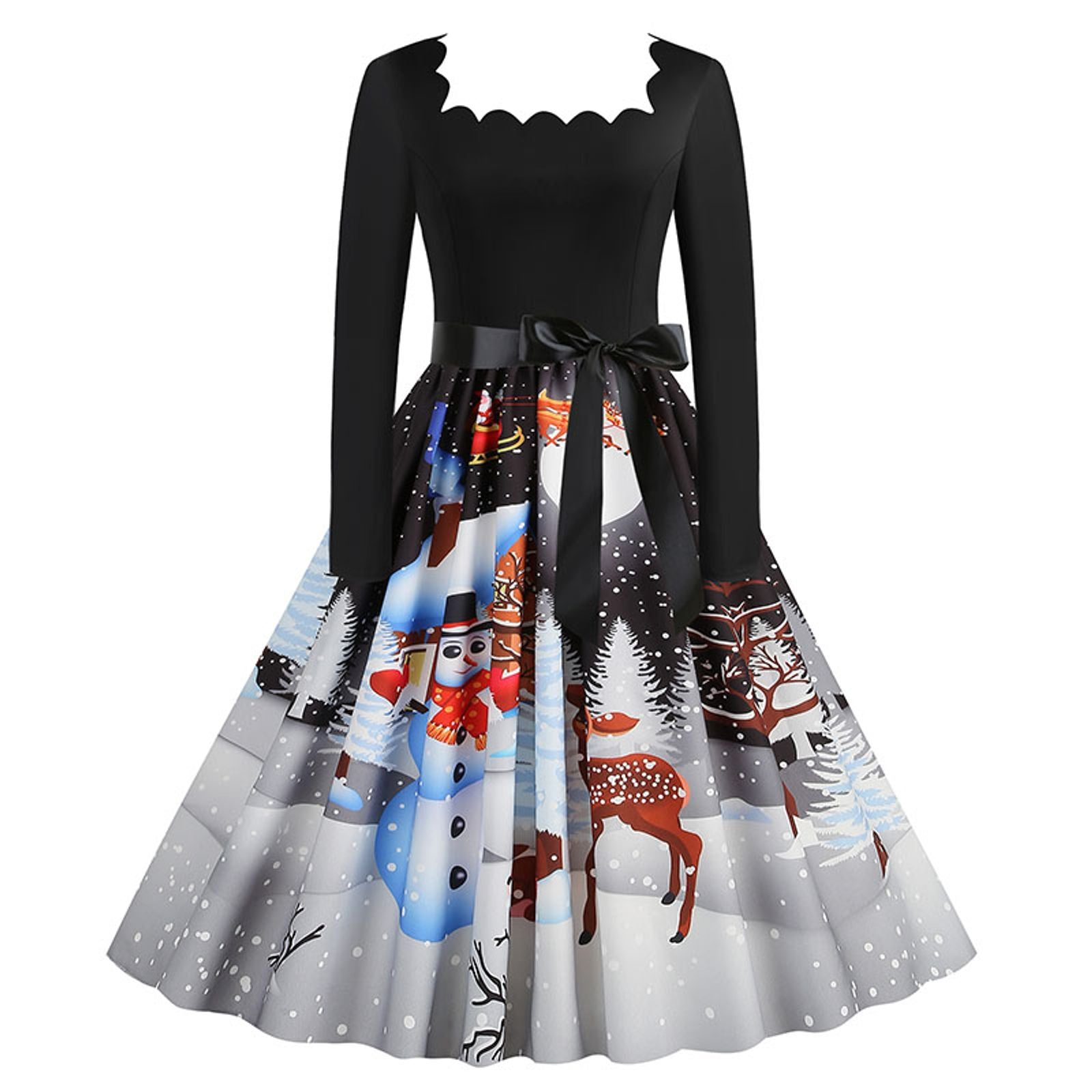 Women's Vintage Christmas Midi Dress with Square Collar