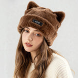 Iron Label Cute Plush Beanie Hat with Ears for Women