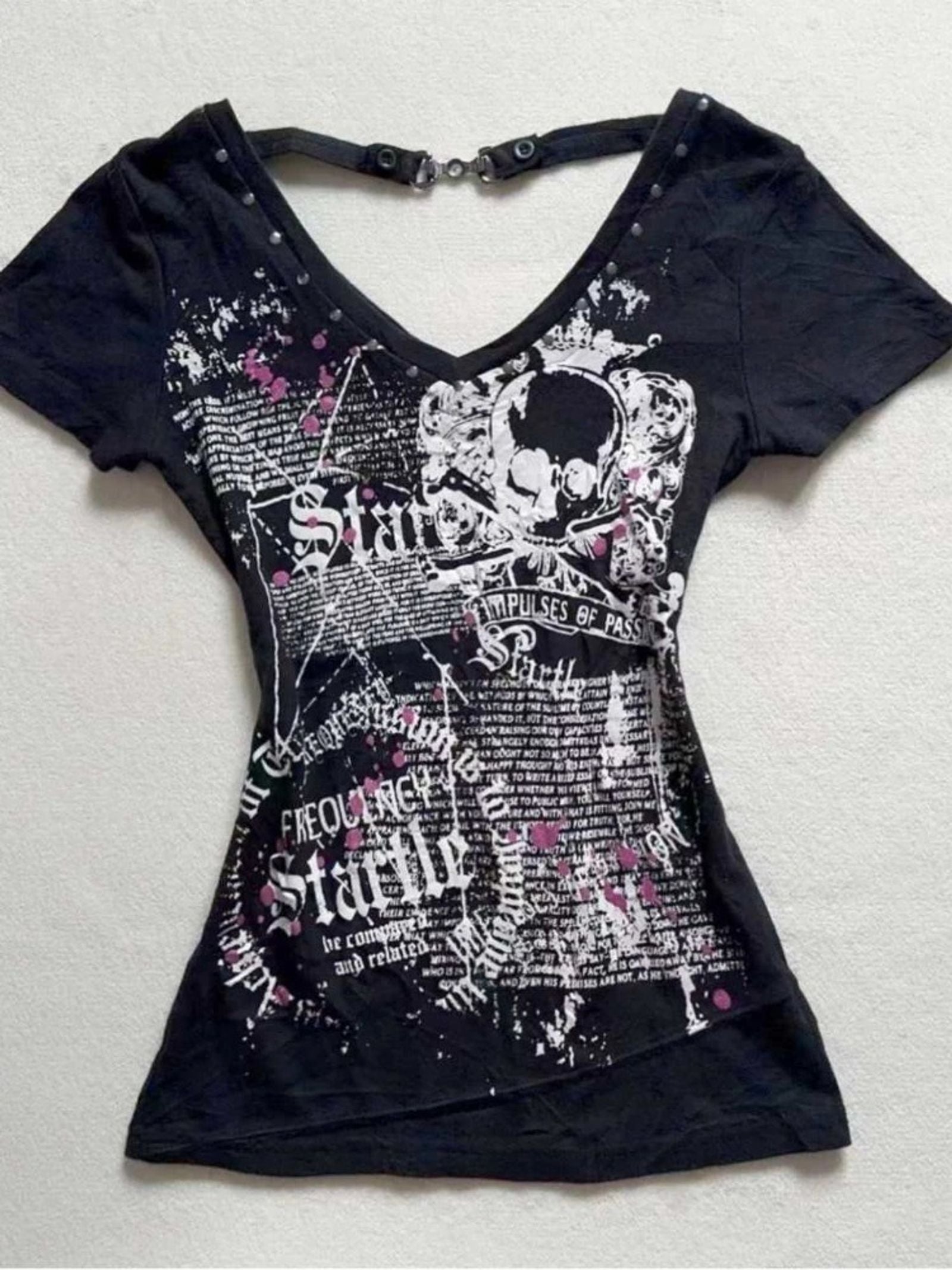 Women's Summer V-neck Tunic T-shirt - Pink Print Crop Top