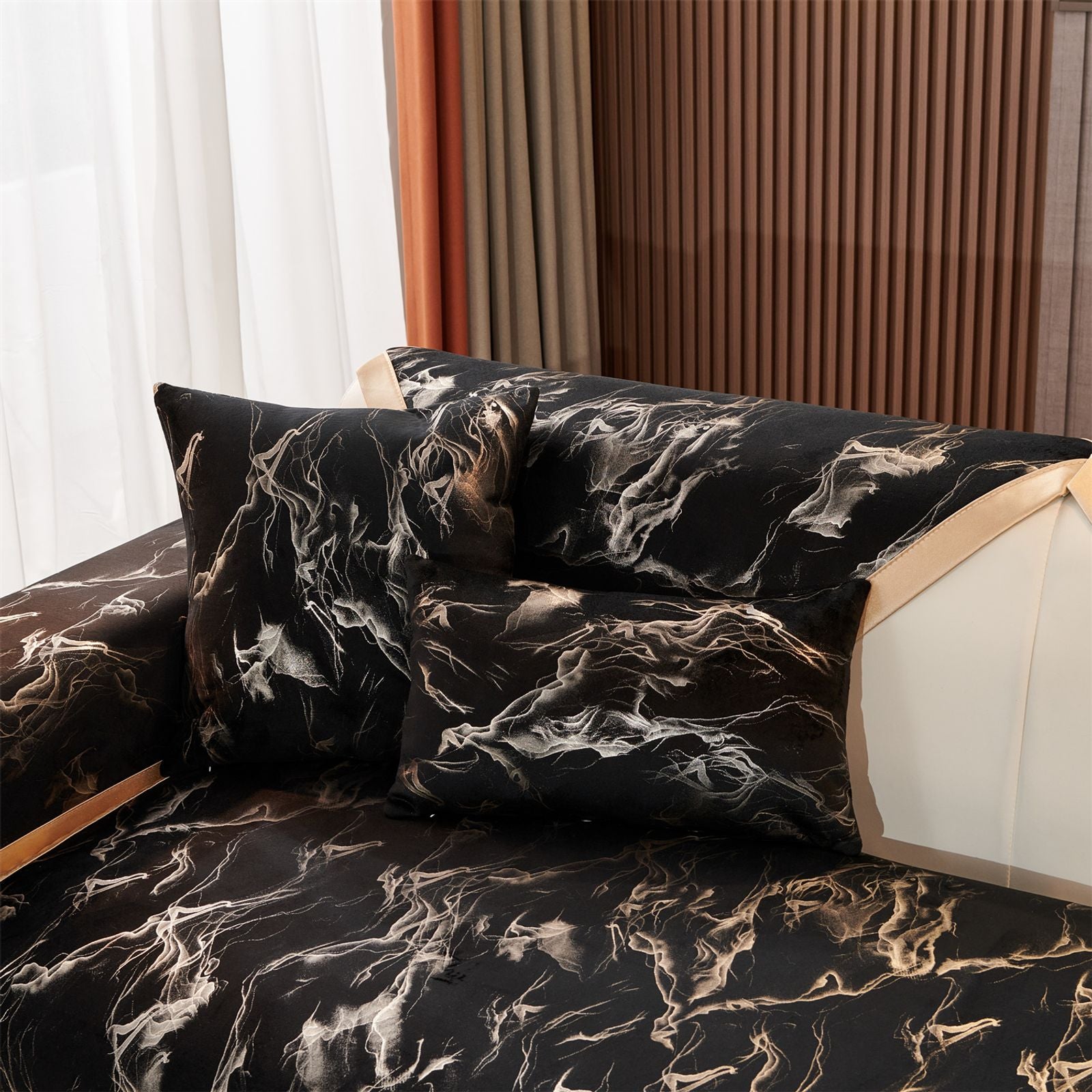 Marble Lines Velvet Sofa Cover for L-Shape Couch