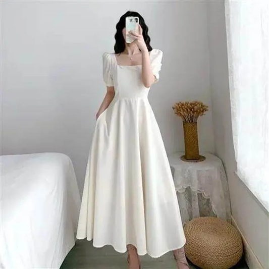 Slim Fit White Bubble Sleeve Dress with Square Neck
