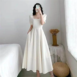 Slim Fit White Bubble Sleeve Dress with Square Neck