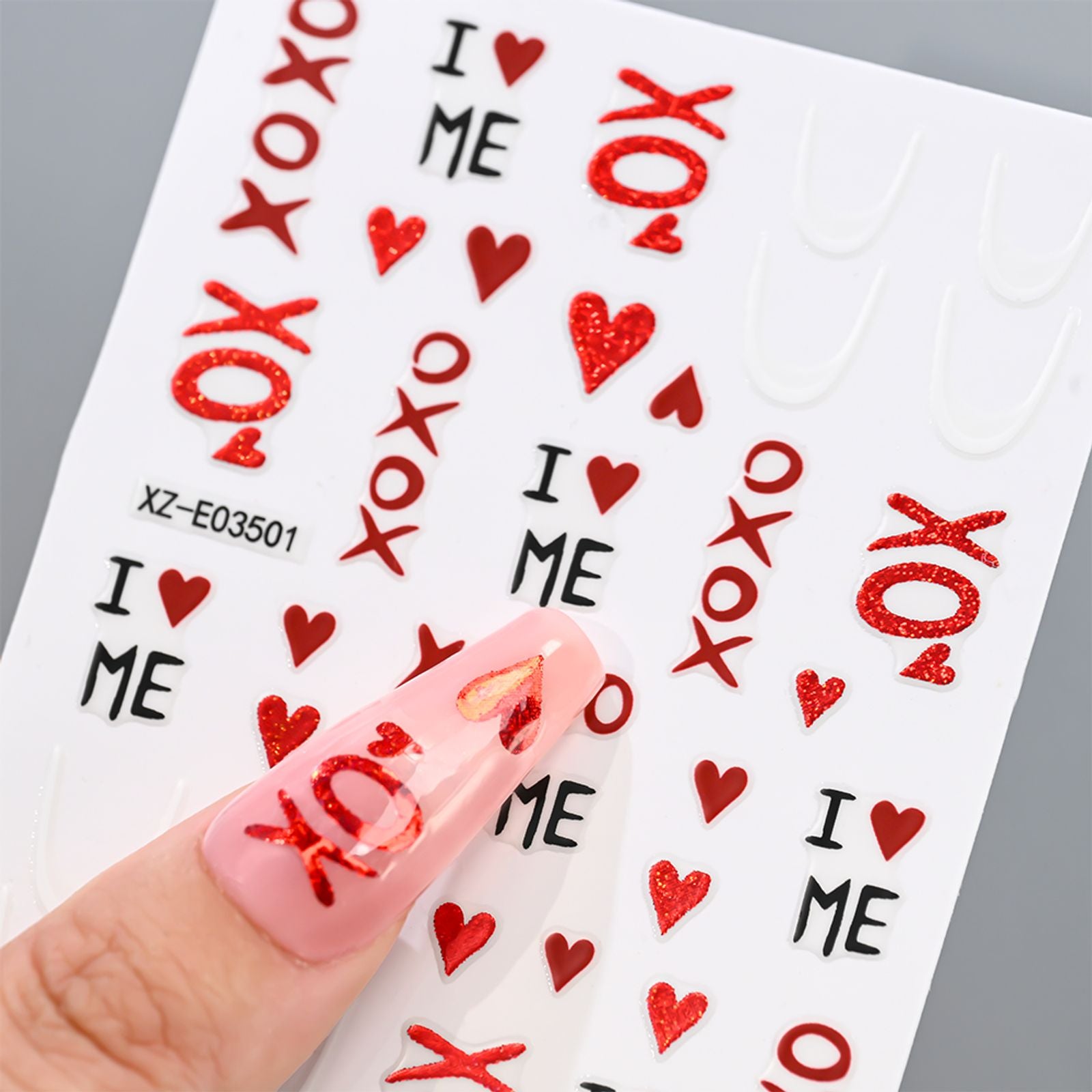 XOXO Valentine's Day 3D Red Glitter Heart Nail Stickers