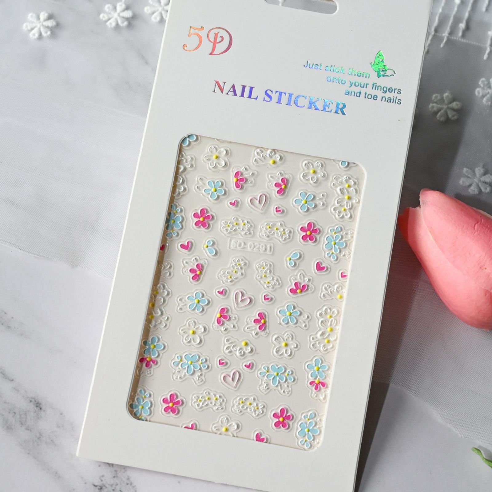 2Pcs 5D Embossed Colorful Flower Nail Stickers
