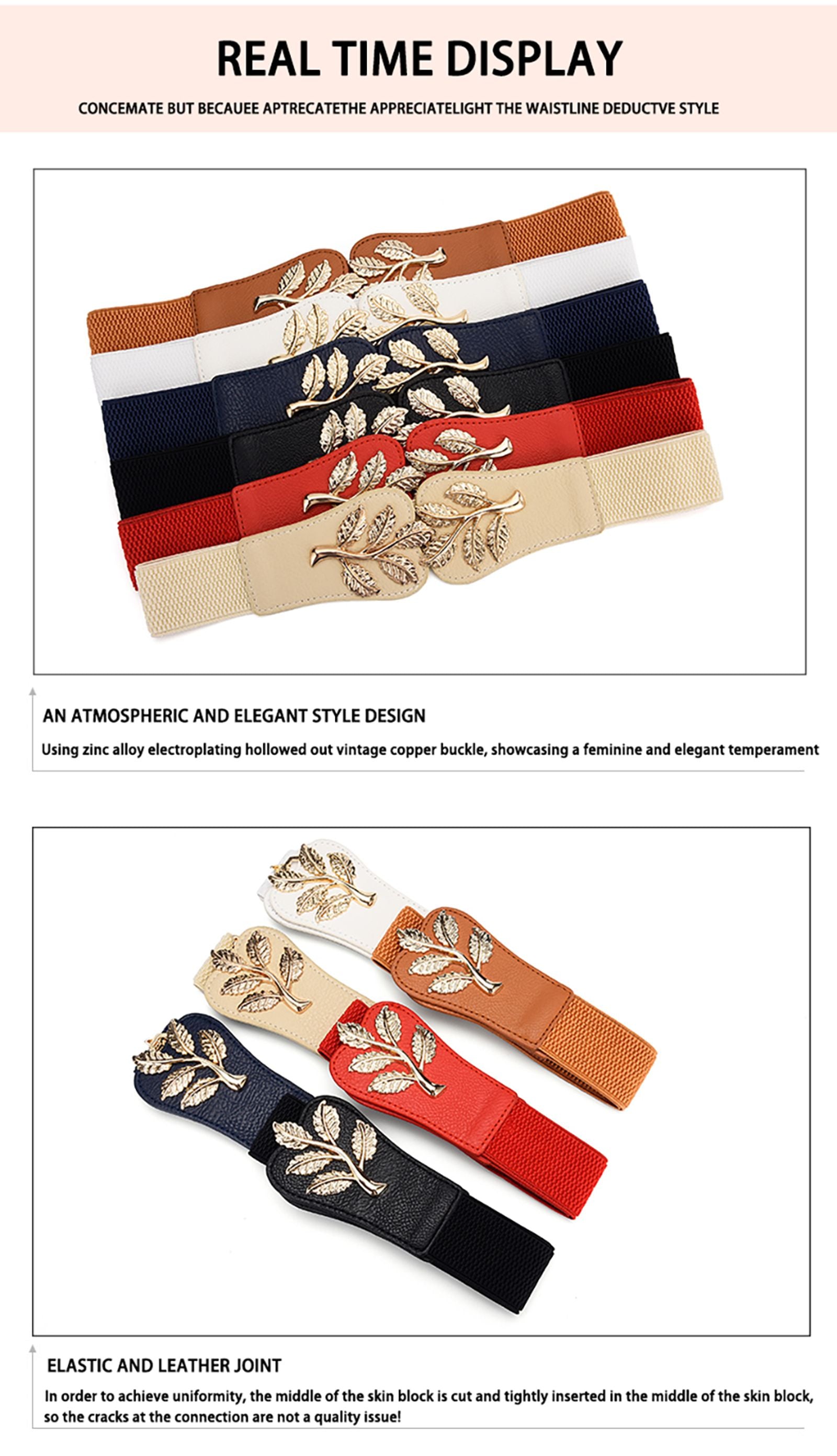 Women's Gold Leaf Elastic Wide Belt with Double Hook Closure