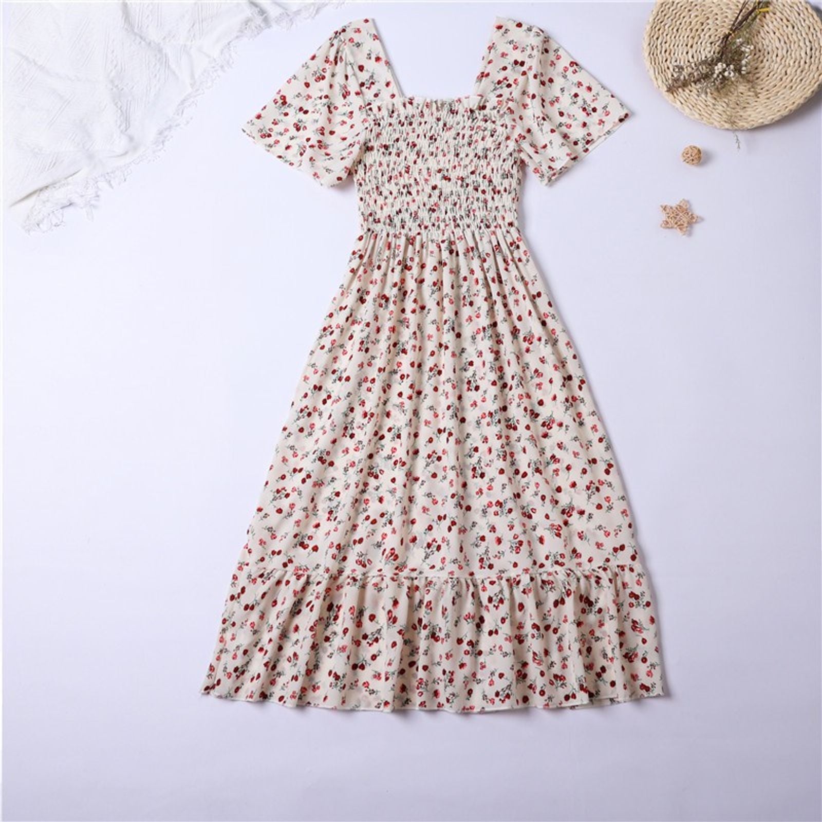 Spring Summer Floral Chiffon Midi Dress for Women