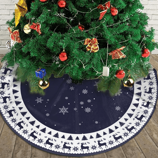 VIKAMA Vintage Navy Reindeer Snowflake Christmas Tree Skirt