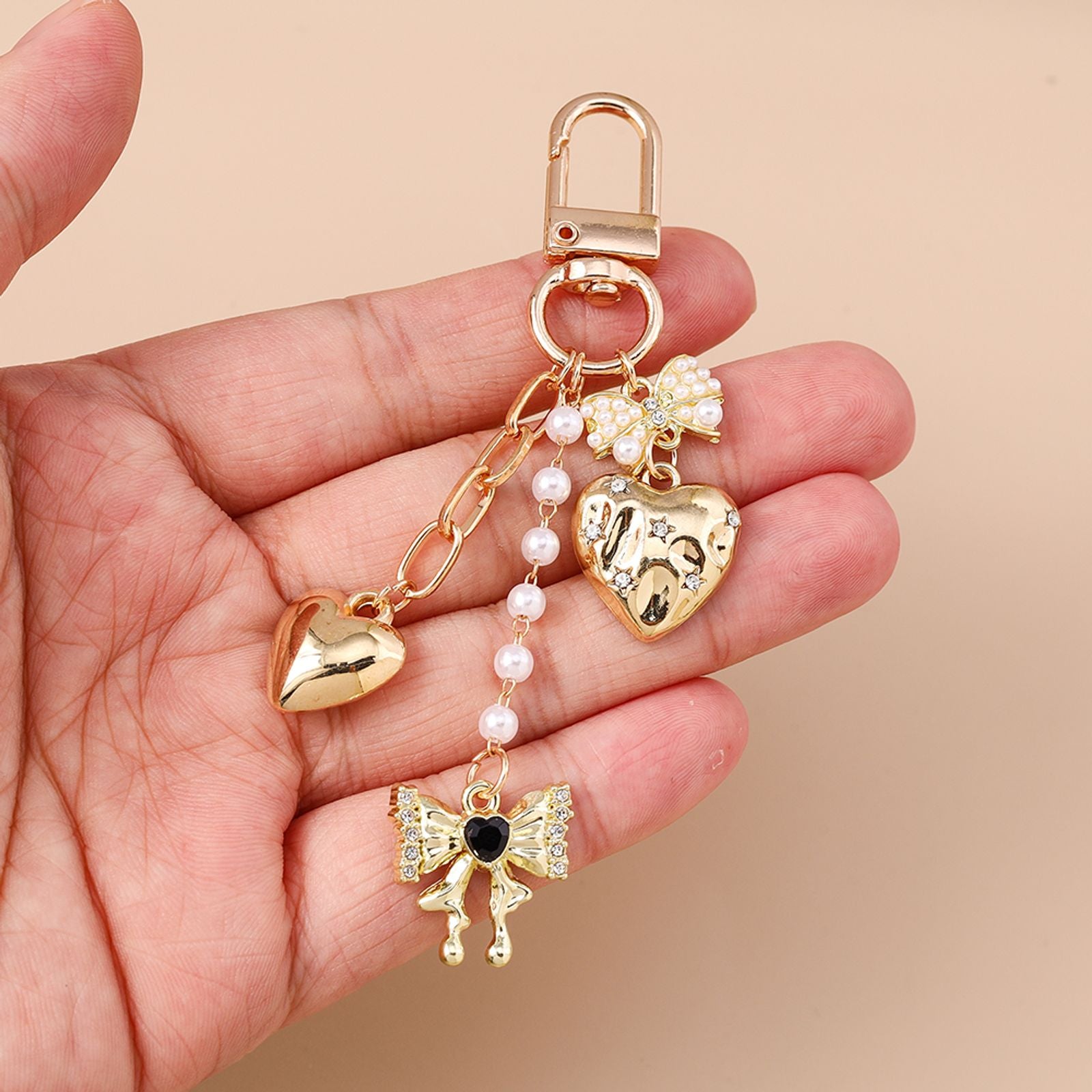 Cute Bowknot Love Heart Keychain with Crystal and Pearl