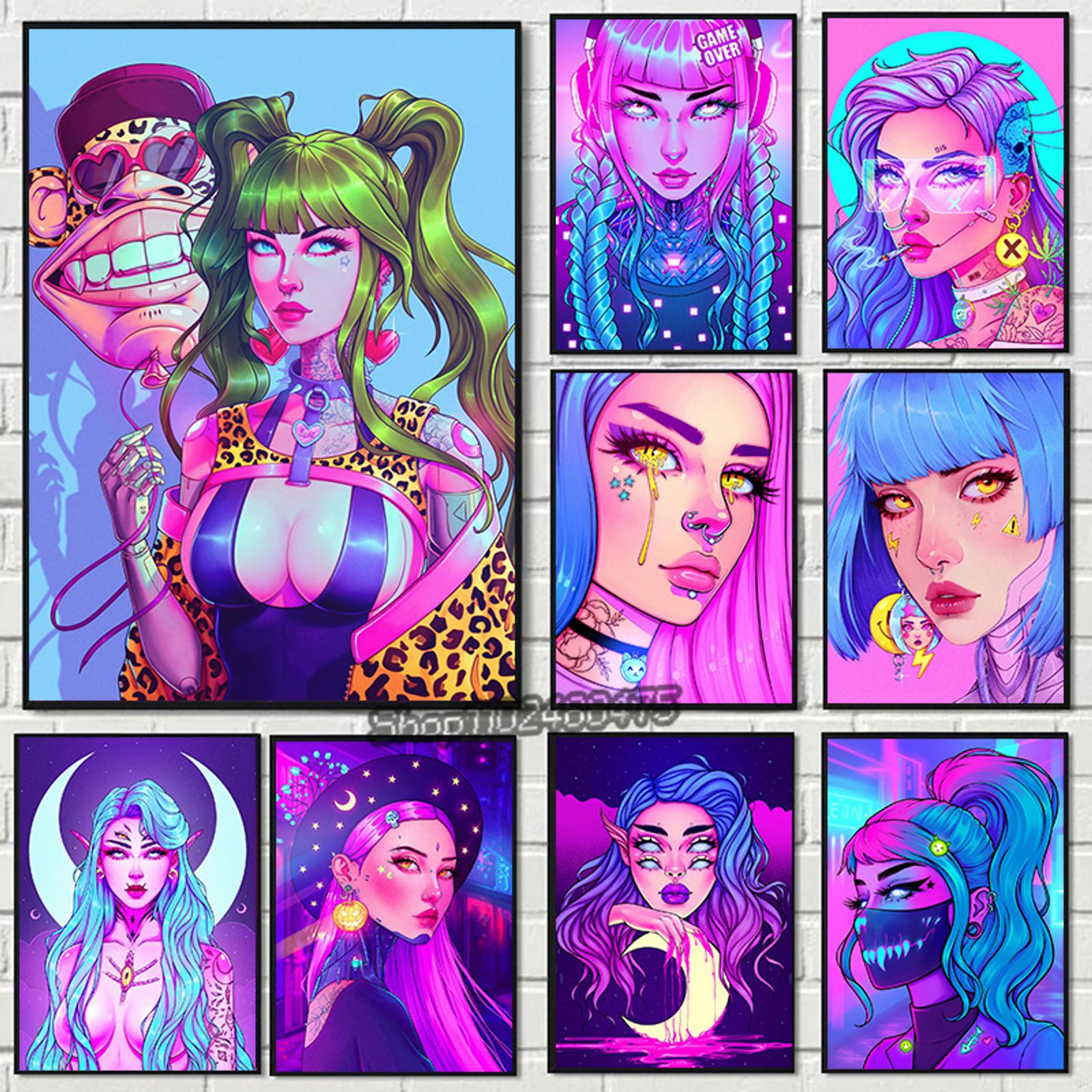 Cyber Punk Anime Neon Girl Canvas Art