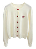Women's O-Neck Heart Button Sweater Cardigan with Bow Embroidery