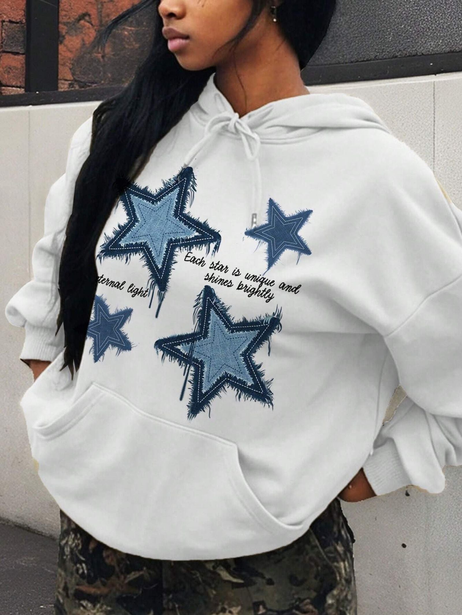 Retro Blue Star Printed Women's Casual Hoodie