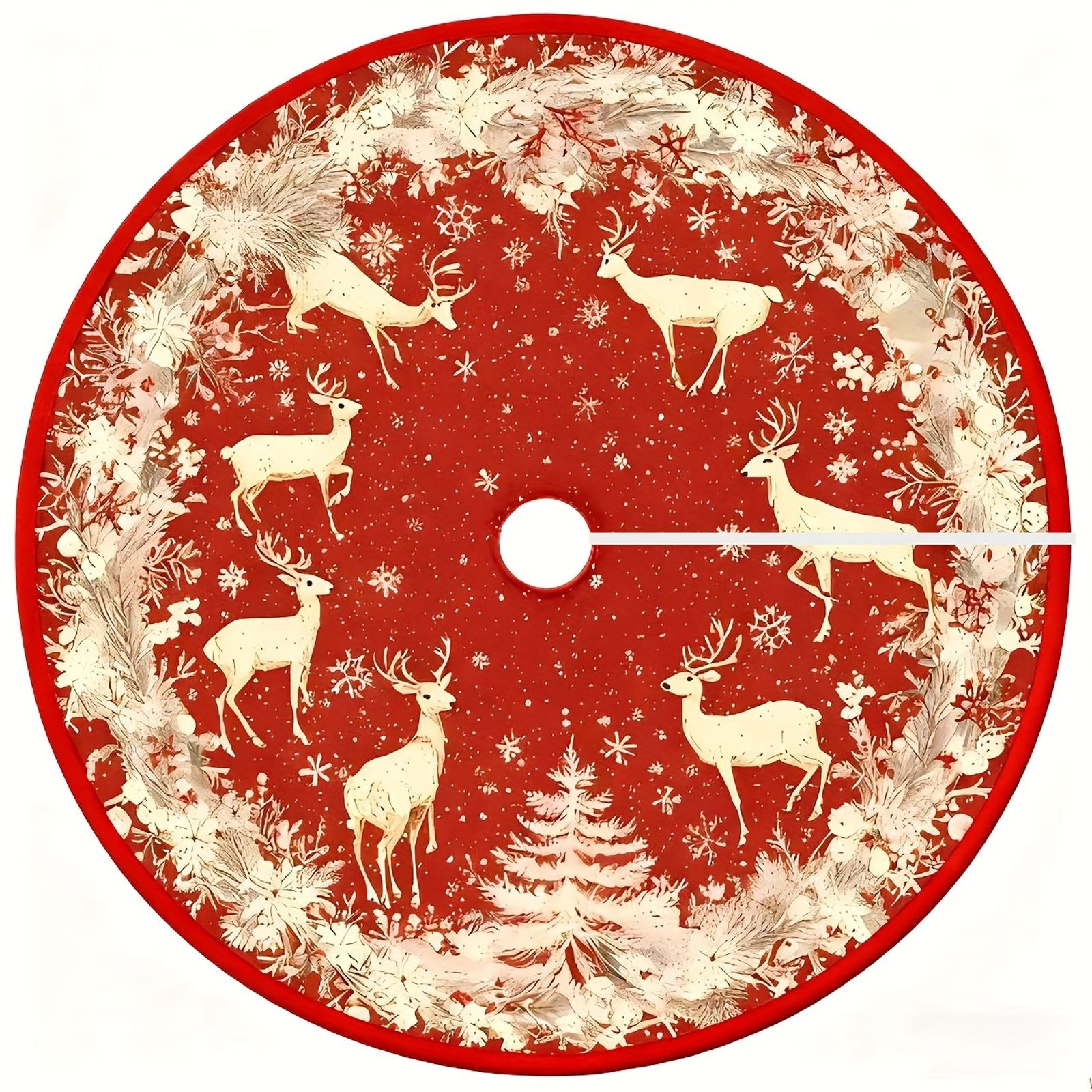 Christmas Tree Skirt in Red and Gold with Deer Design