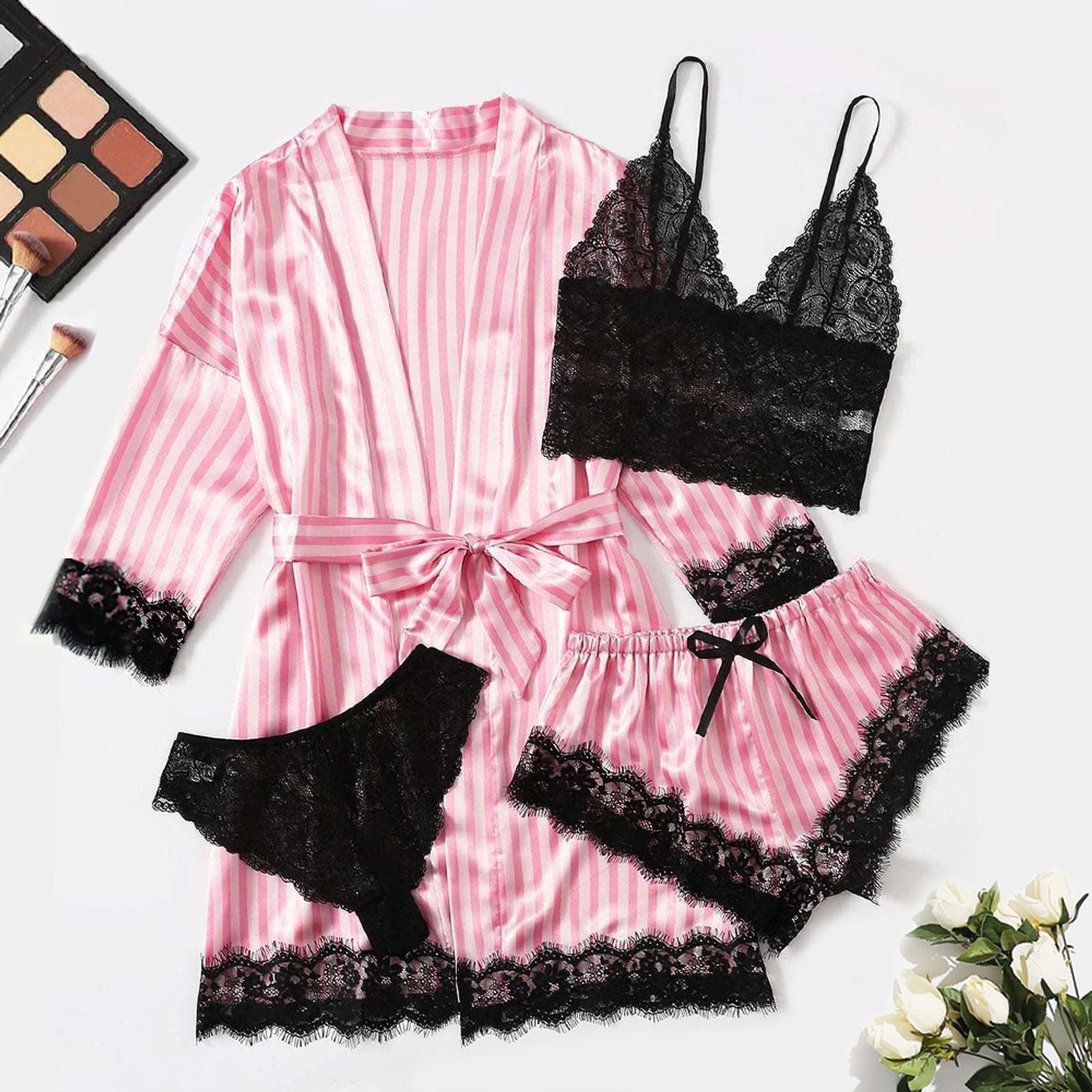 4pcs Women's Striped Lingerie Set with Lace Trim
