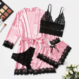 4pcs Women's Striped Lingerie Set with Lace Trim
