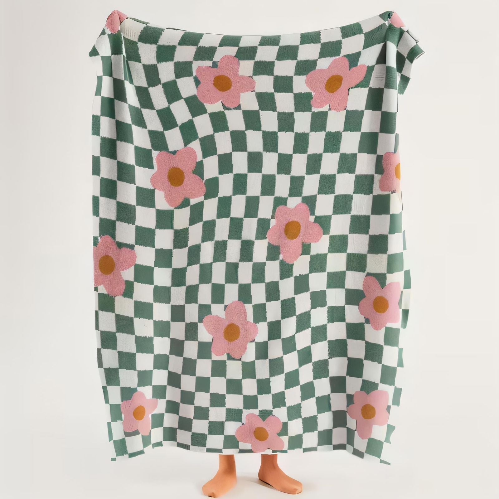 Green and White Checkered Floral Throw Blanket with Pink Flowers