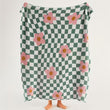 Green and White Checkered Floral Throw Blanket with Pink Flowers