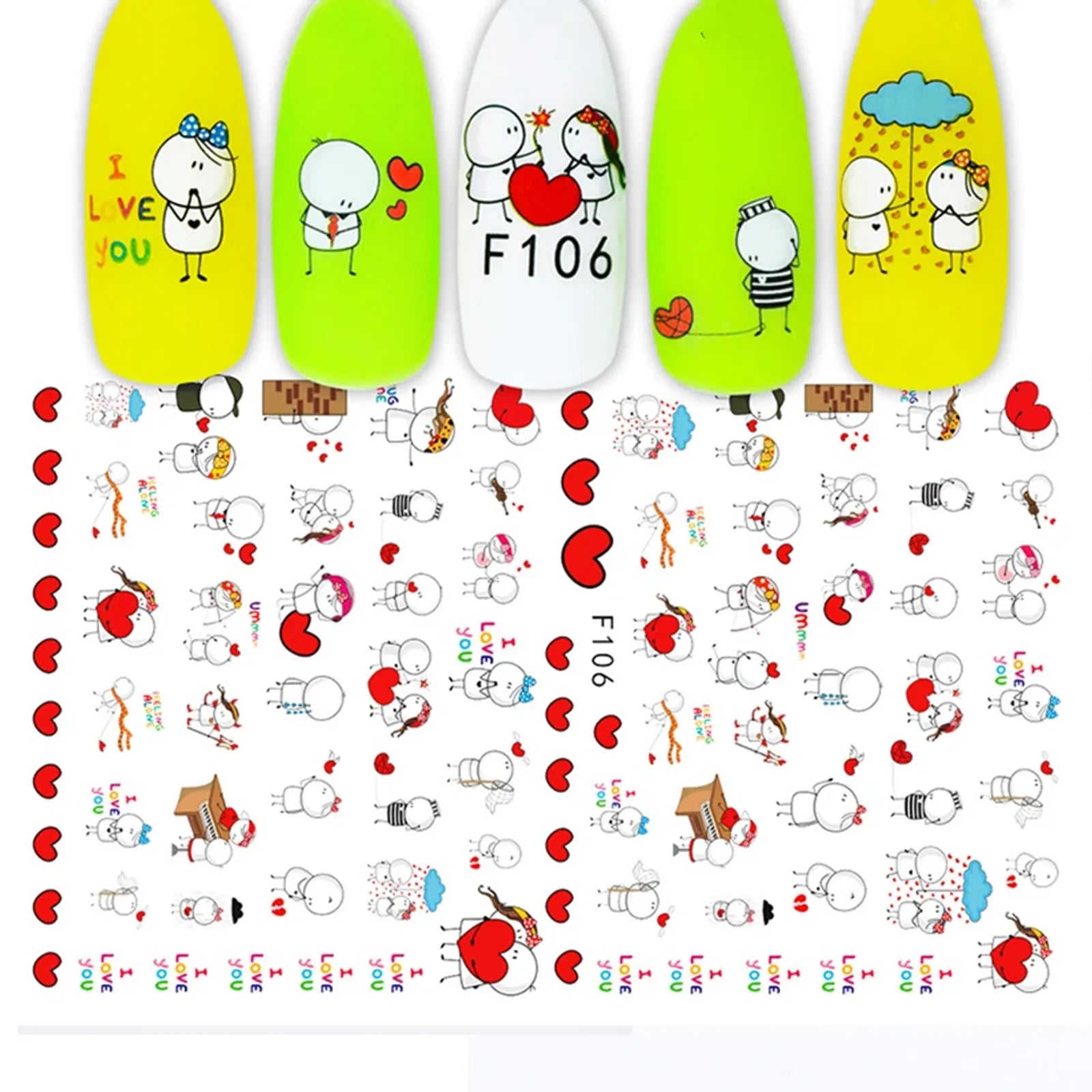6PCS 3D Valentine’s Day Nail Art Stickers - Cute Cartoon Designs