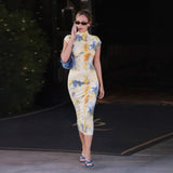 Elegant High Collar Slim Fit Summer Print Dress