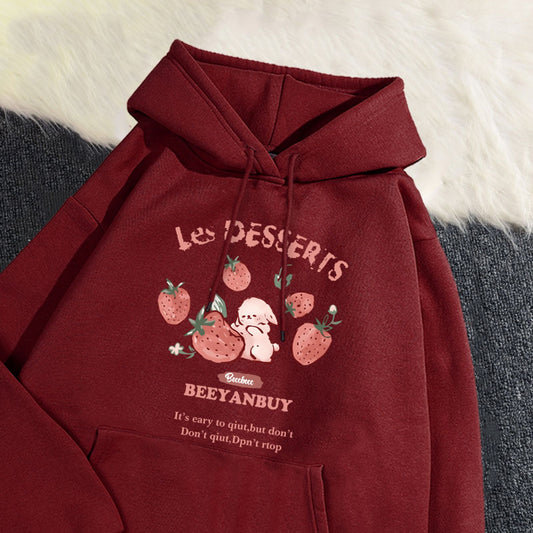 Women's Cute Strawberry Rabbit Printed Hoodie
