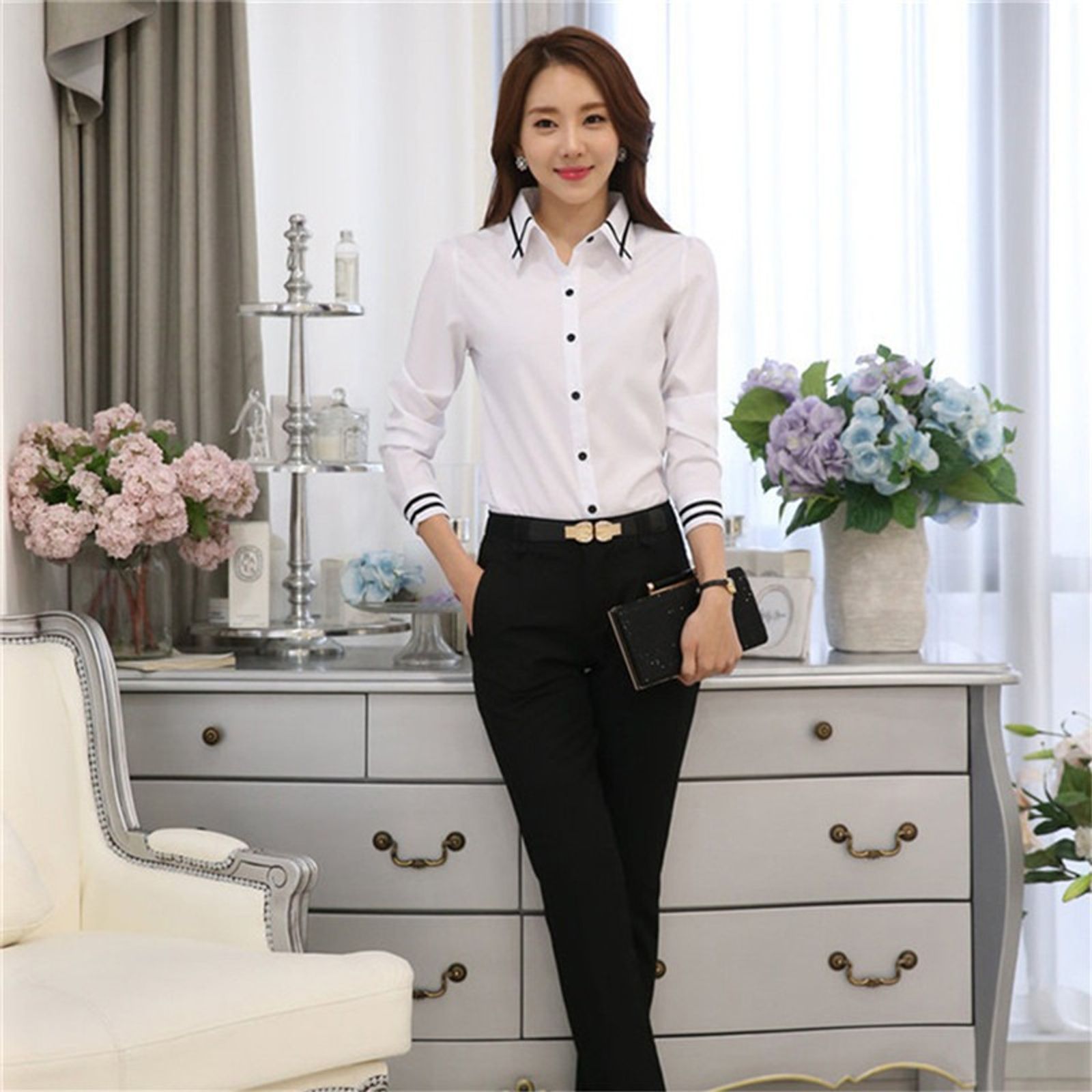 Women’s White Long Sleeve Office Blouse
