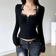 Versatile Korean V-Neck Lace Top with Long Sleeves