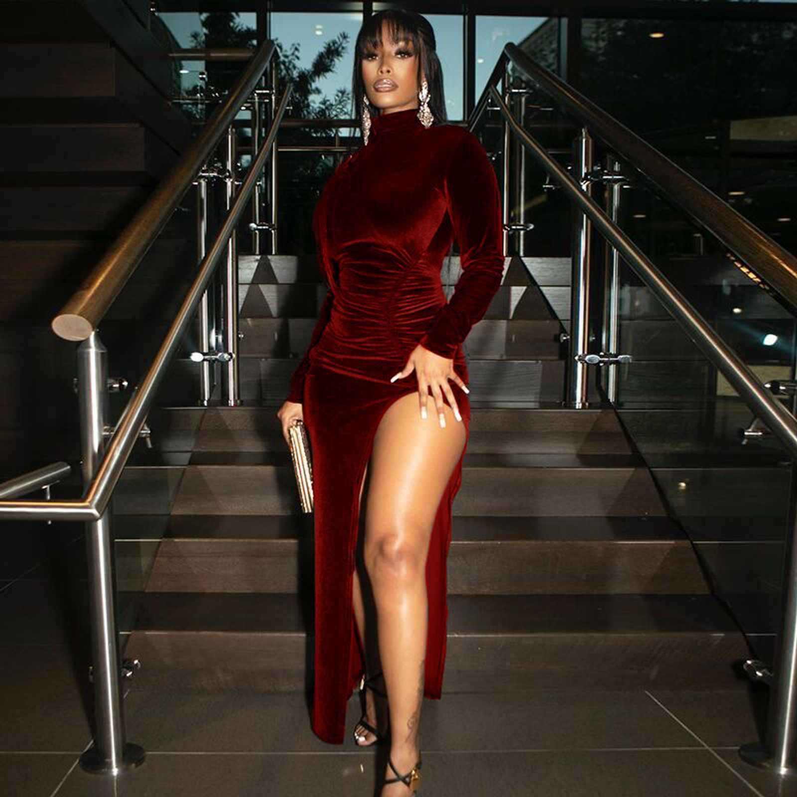 Solid Velvet Long Sleeve Ruched Midi Dress with Side Slit