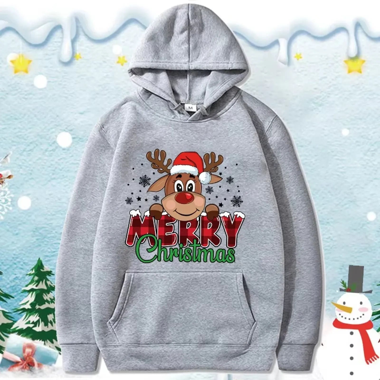 Christmas Reindeer Print Hooded Sweatshirt