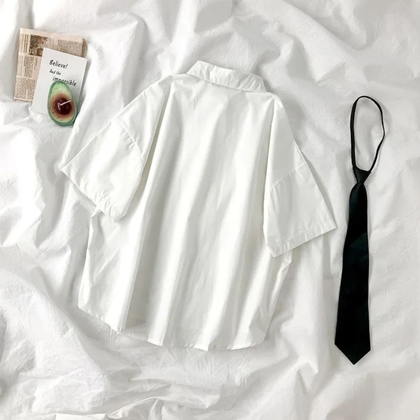Women’s White Short Sleeve Lapel Blouse with Tie