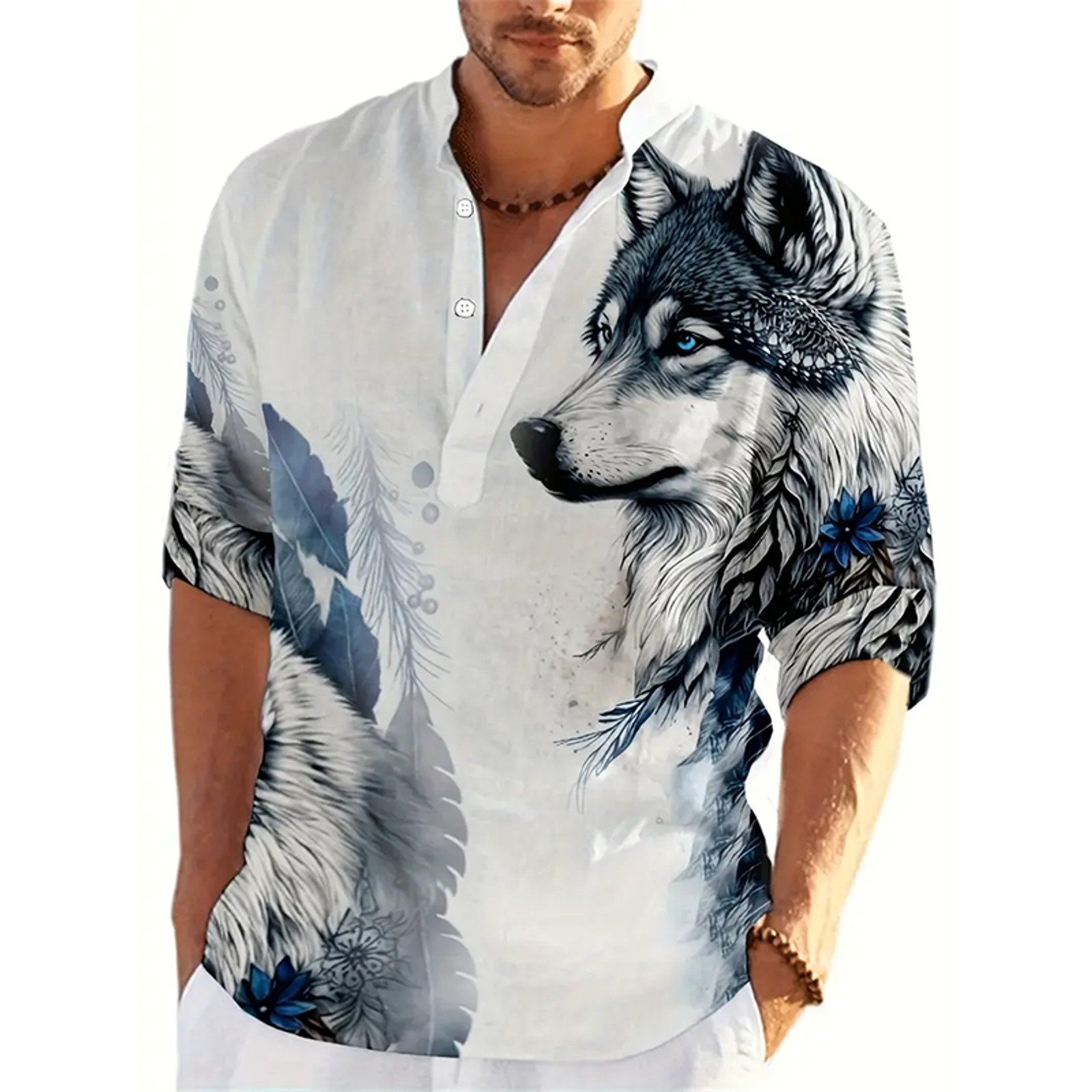 Men's Oversized Wolf 3D Printed Henley Shirt