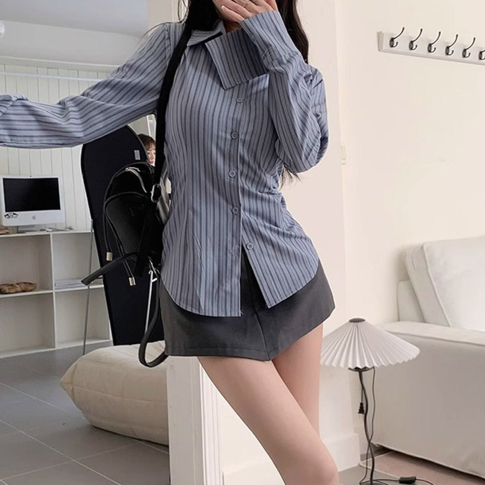 Korean Blue Striped Long Sleeve Shirt Jacket for Women