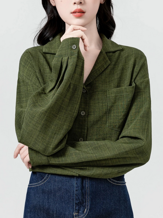 Hong Kong-Style Retro Green Long-Sleeved Shirt for Women