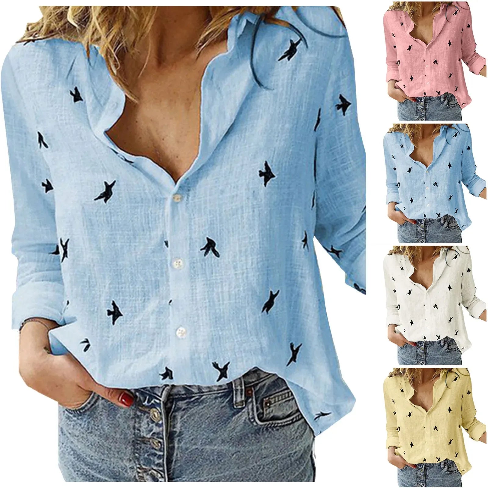 Korean Fashion Blue and Pink Women's Lapel Shirt