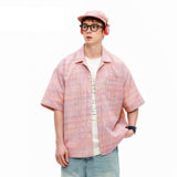 Women's Pink Vintage Plaid Short Sleeve Cuban Collar Shirt