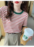 Women's Summer Stripe Knitted Round Collar T-Shirt