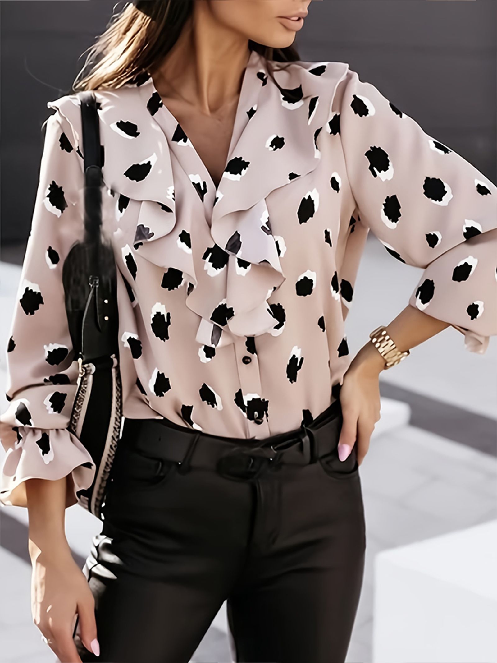 Ladies Vintage Ruffle Long Sleeve V Neck Top