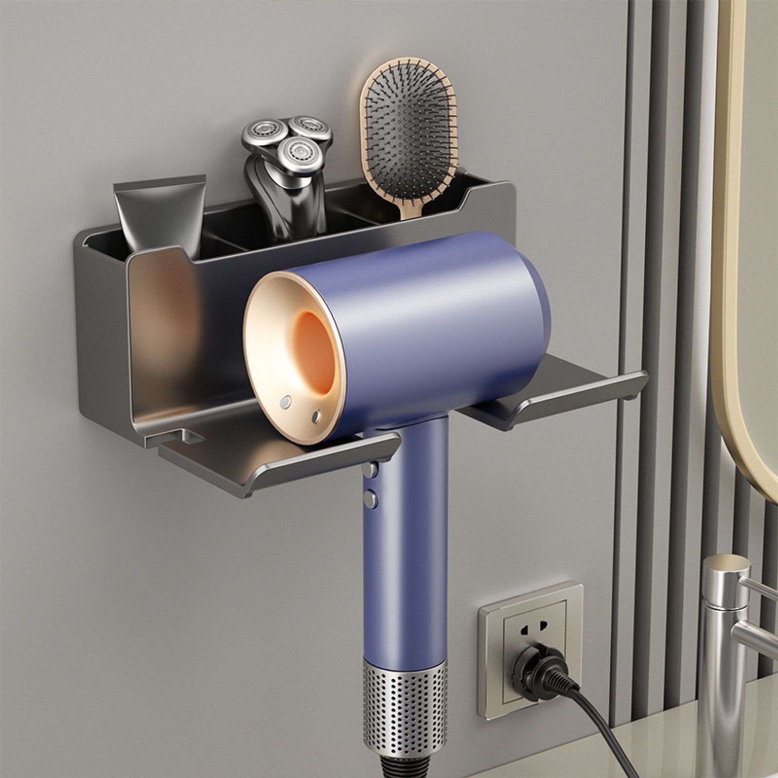 Wall-Mounted Hair Dryer Holder and Organizer