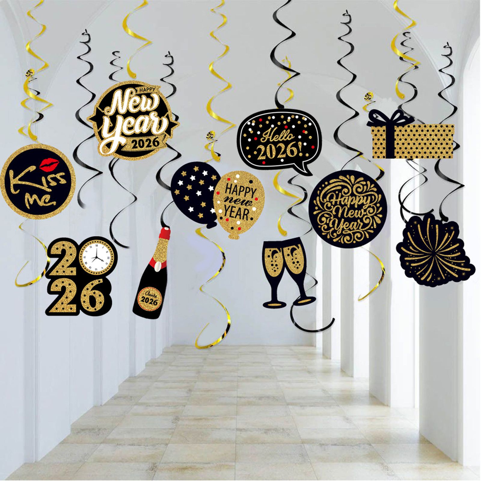 Happy New Year Banner with 2026 Star Balloons and Hanging Swirls