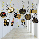 Happy New Year Banner with 2026 Star Balloons and Hanging Swirls