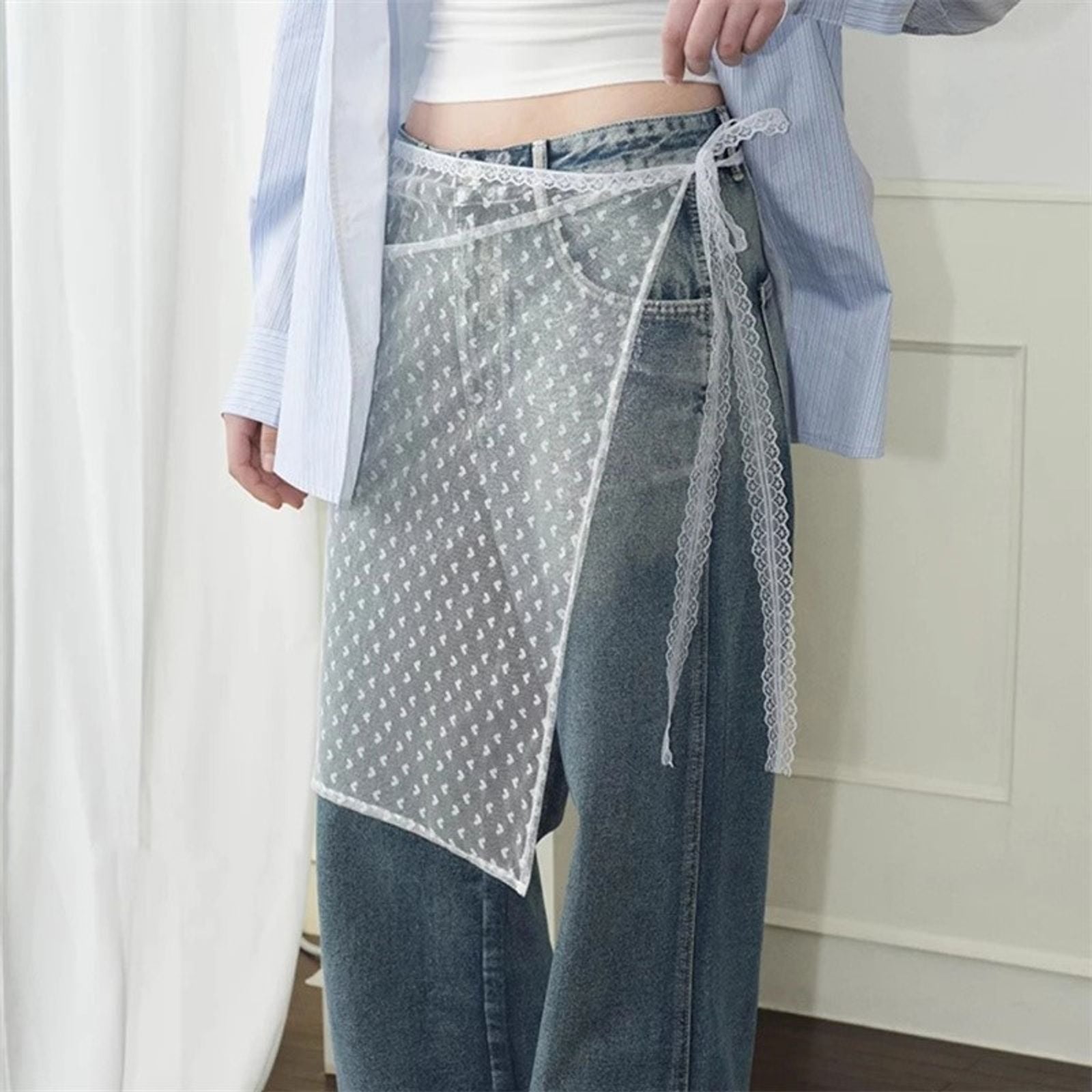 Layered Gauze Skirt with Lace for Y2K Streetwear