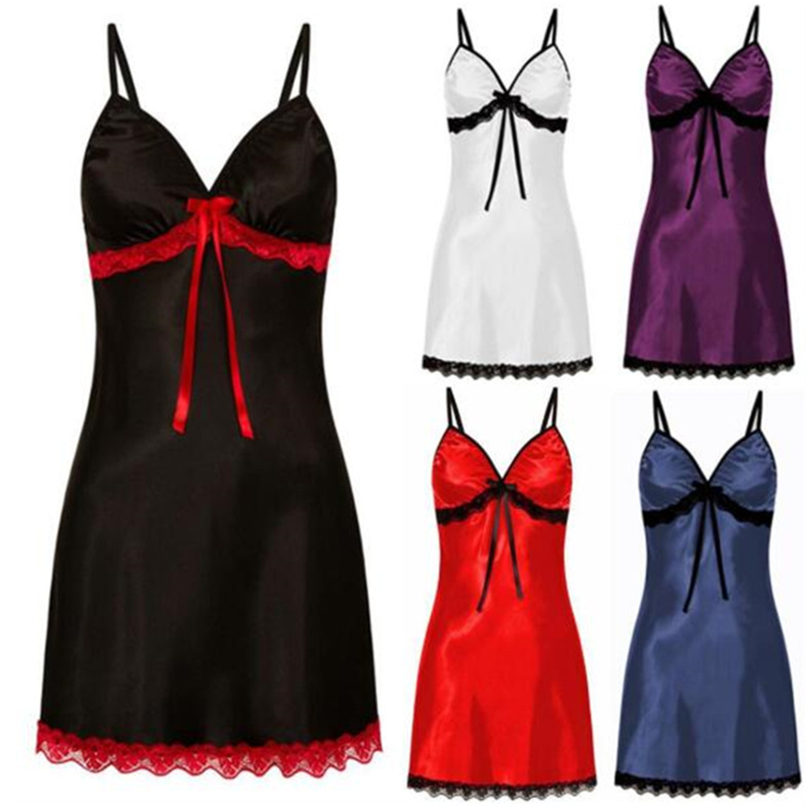 Women's Silk Imitation Lace Bow Strap Nightgown