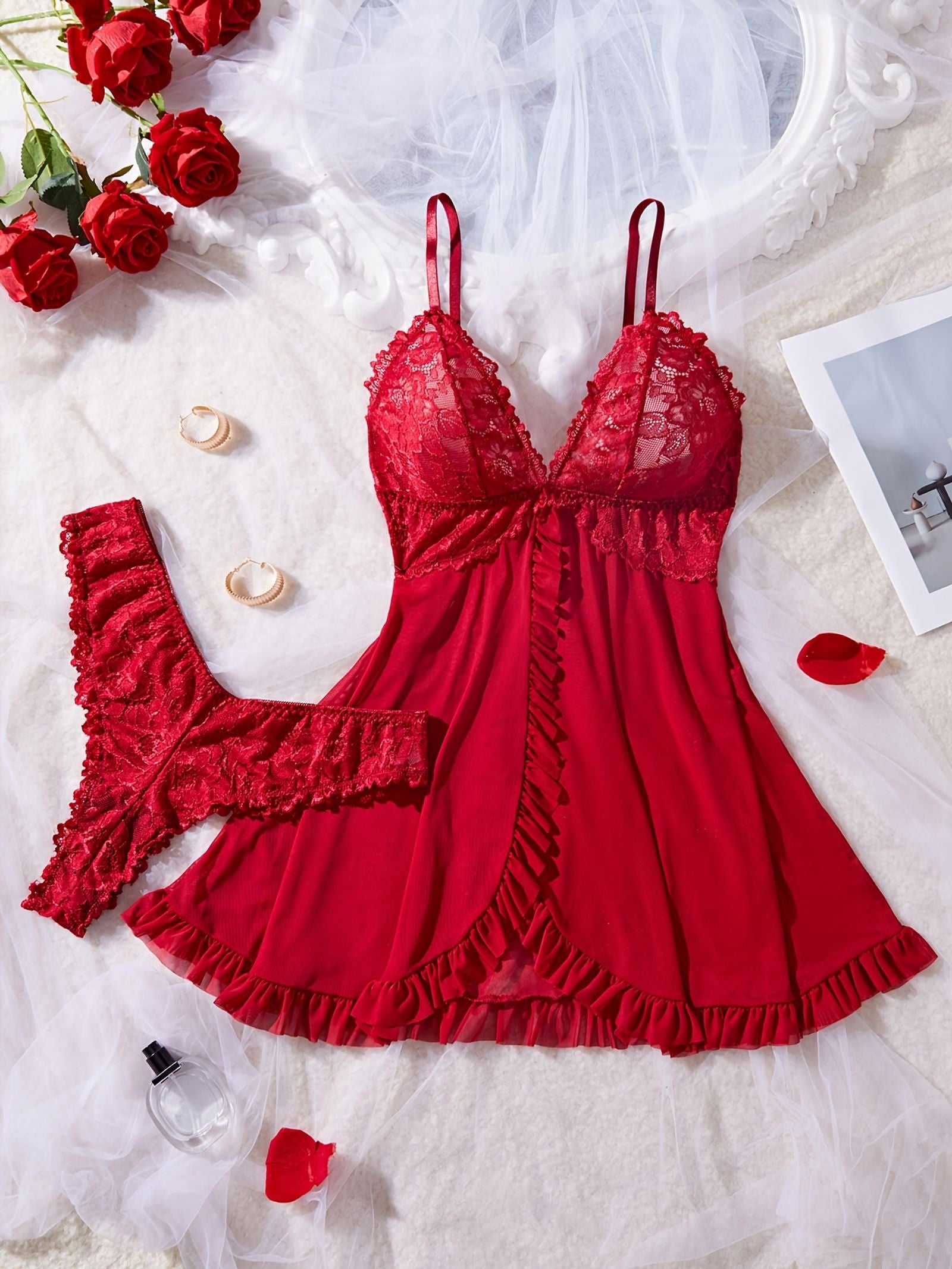 Romantic Red Lace Lingerie Set for Women