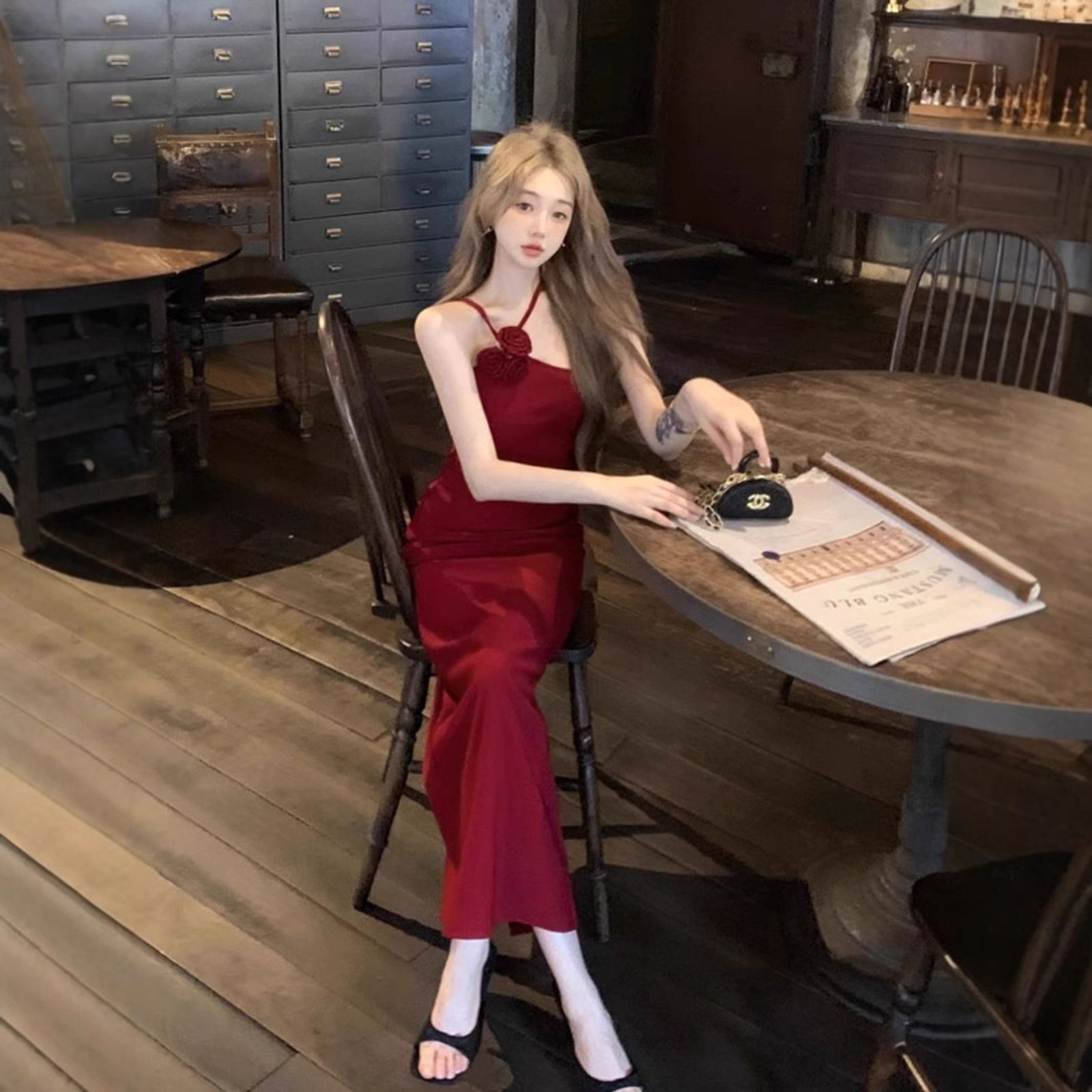 Red Flower Print Sexy Strap Dress