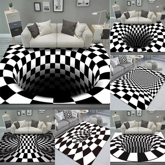 Large 3D Vortex Illusion Black White Rug