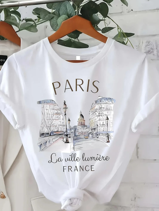 90s Style Paris Print Short Sleeve T-Shirt for Women