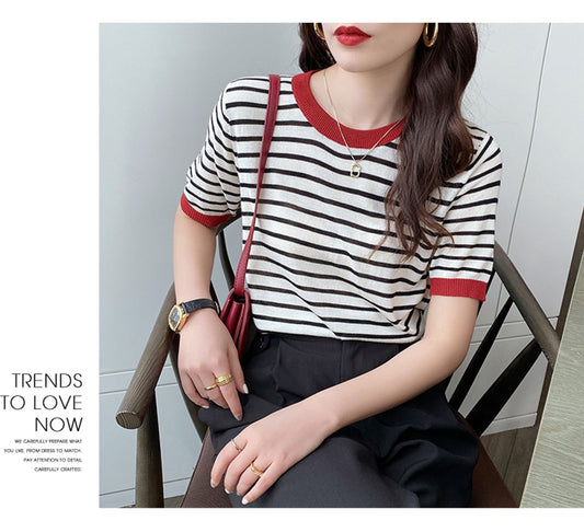 Women's Summer Stripe Knitted Round Collar T-Shirt