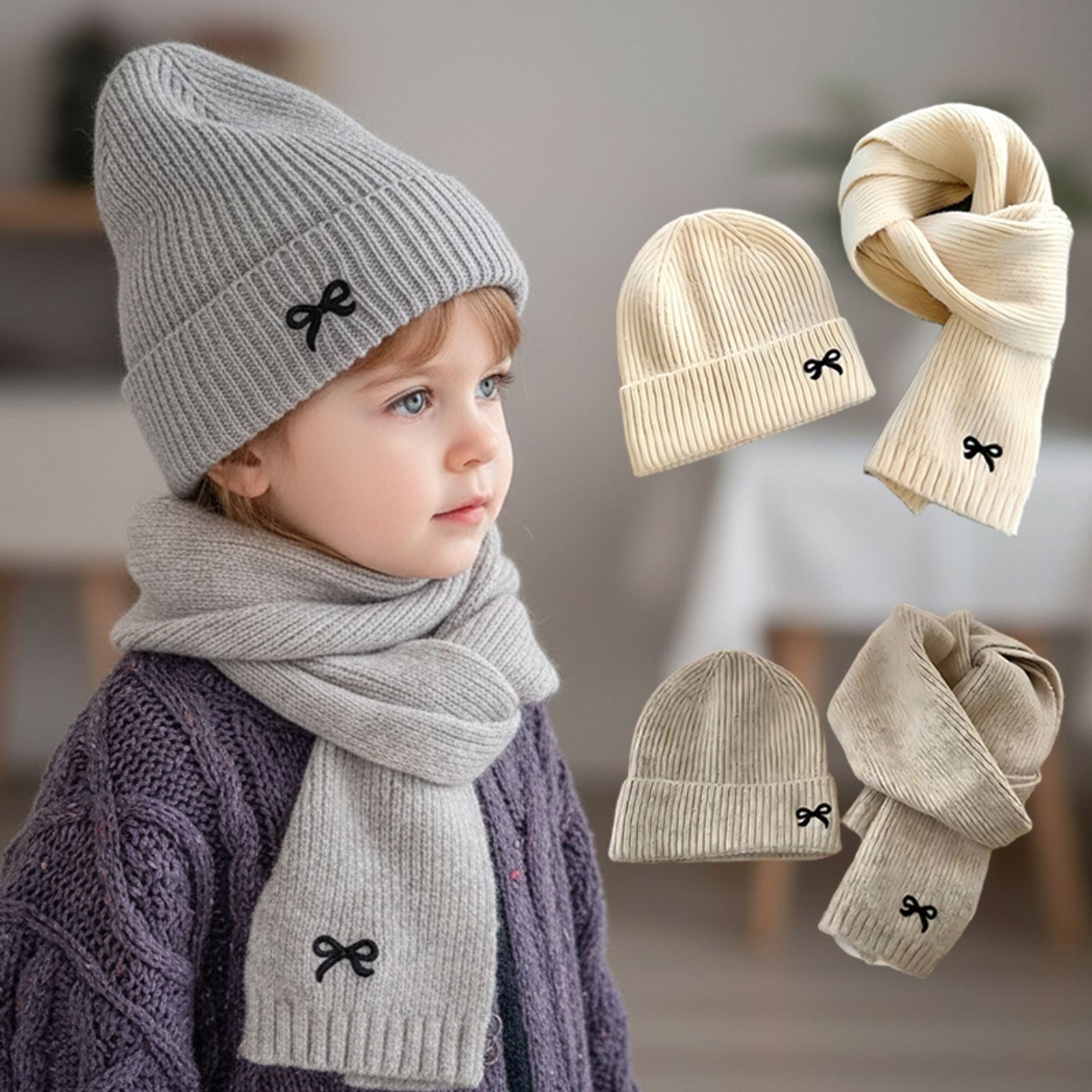 Korean Kids' Knitted Hat and Scarf Set - Winter Warmth