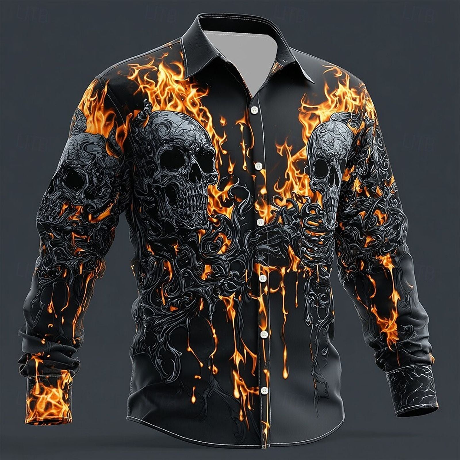Men's Skull Flame Button-Up Shirt - Gothic Style